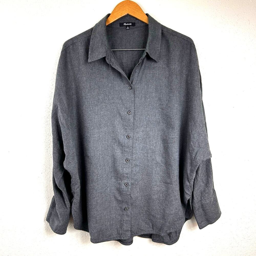 Madewell Gray Cotton Flannel Knit Long Sleeve Button Up Shirt OverSized Wms XL